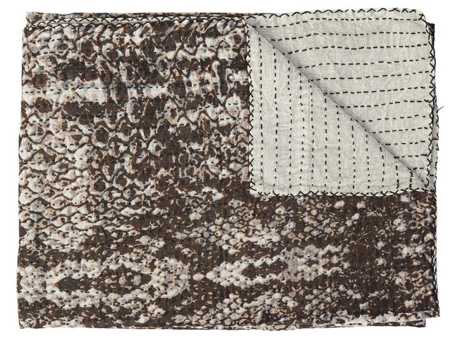 50" X 70" Brown And Ivory Cotton Quilted Kantha Throw Blanket With Embroidery