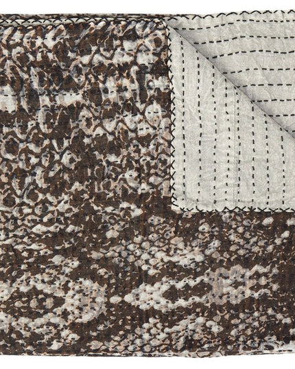 50" X 70" Brown And Ivory Cotton Quilted Kantha Throw Blanket With Embroidery