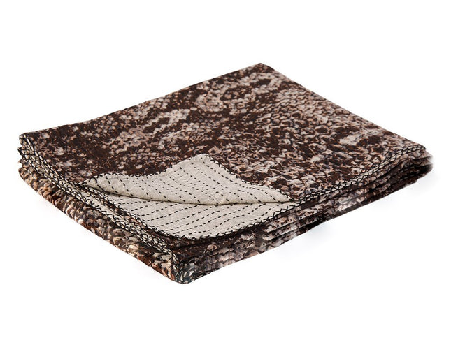 50" X 70" Brown And Ivory Cotton Quilted Kantha Throw Blanket With Embroidery