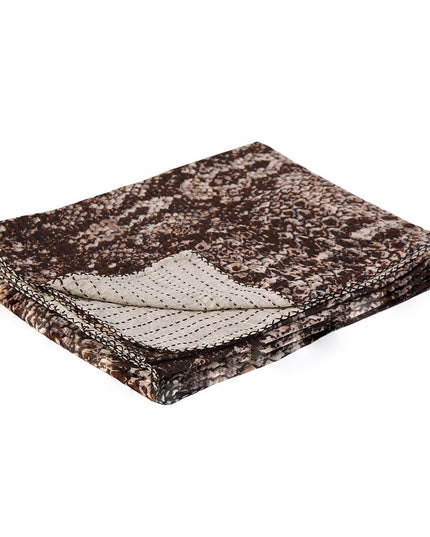 50" X 70" Brown And Ivory Cotton Quilted Kantha Throw Blanket With Embroidery