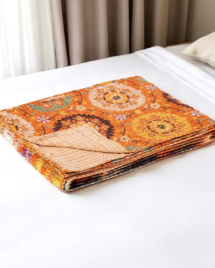50" X 70" Orange And Yellow Floral Cotton Quilted Kantha Throw Blanket with Embroidery