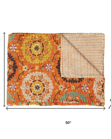 50" X 70" Orange And Yellow Floral Cotton Quilted Kantha Throw Blanket with Embroidery
