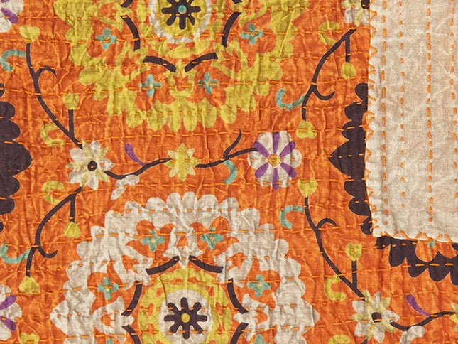 50" X 70" Orange And Yellow Floral Cotton Quilted Kantha Throw Blanket with Embroidery