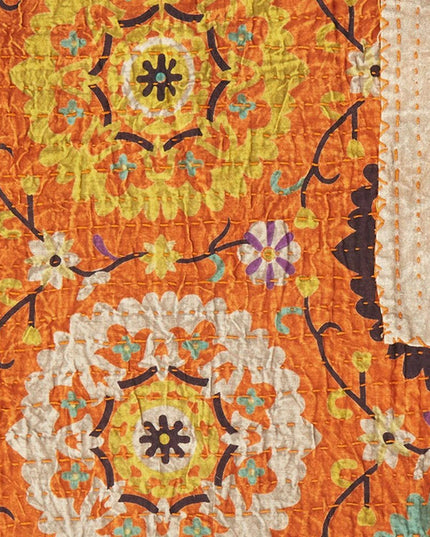 50" X 70" Orange And Yellow Floral Cotton Quilted Kantha Throw Blanket with Embroidery