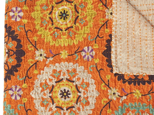 50" X 70" Orange And Yellow Floral Cotton Quilted Kantha Throw Blanket with Embroidery