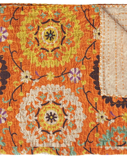 50" X 70" Orange And Yellow Floral Cotton Quilted Kantha Throw Blanket with Embroidery