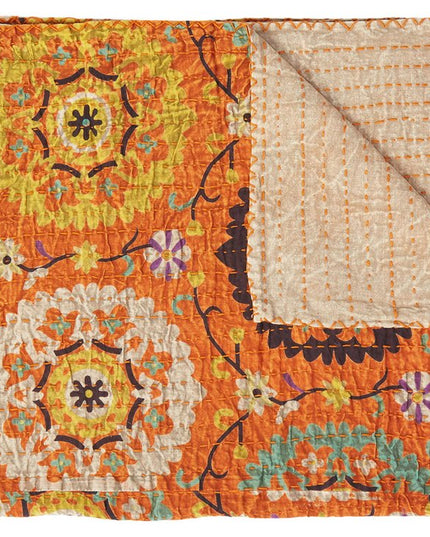 50" X 70" Orange And Yellow Floral Cotton Quilted Kantha Throw Blanket with Embroidery