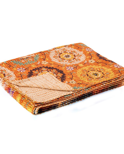 50" X 70" Orange And Yellow Floral Cotton Quilted Kantha Throw Blanket with Embroidery