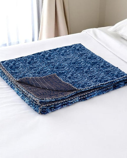 50" X 70" Blue Paisley Cotton Quilted Kantha Throw Blanket with Embroidery