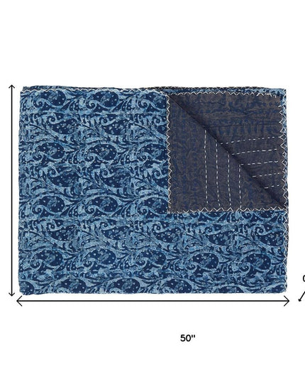 50" X 70" Blue Paisley Cotton Quilted Kantha Throw Blanket with Embroidery