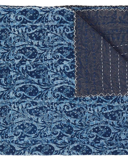 50" X 70" Blue Paisley Cotton Quilted Kantha Throw Blanket with Embroidery