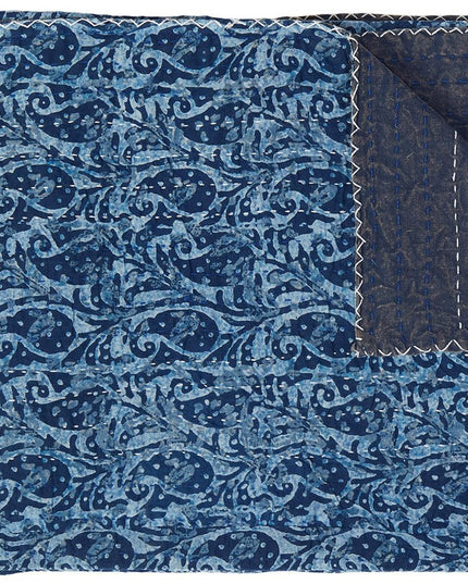 50" X 70" Blue Paisley Cotton Quilted Kantha Throw Blanket with Embroidery