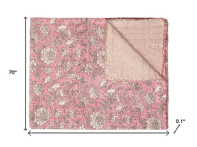 50" X 70" Pink And Blush Floral Cotton Quilted Kantha Throw Blanket with Embroidery