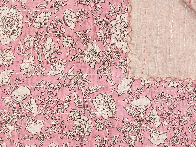 50" X 70" Pink And Blush Floral Cotton Quilted Kantha Throw Blanket with Embroidery