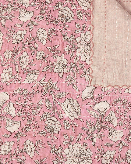 50" X 70" Pink And Blush Floral Cotton Quilted Kantha Throw Blanket with Embroidery
