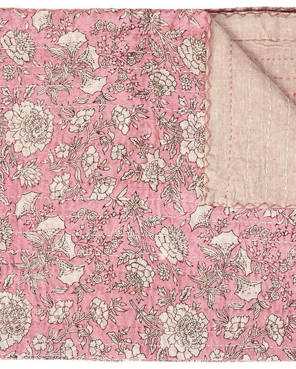 50" X 70" Pink And Blush Floral Cotton Quilted Kantha Throw Blanket with Embroidery