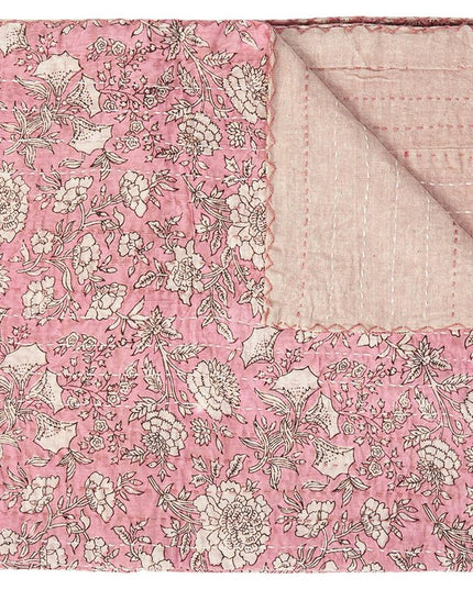 50" X 70" Pink And Blush Floral Cotton Quilted Kantha Throw Blanket with Embroidery