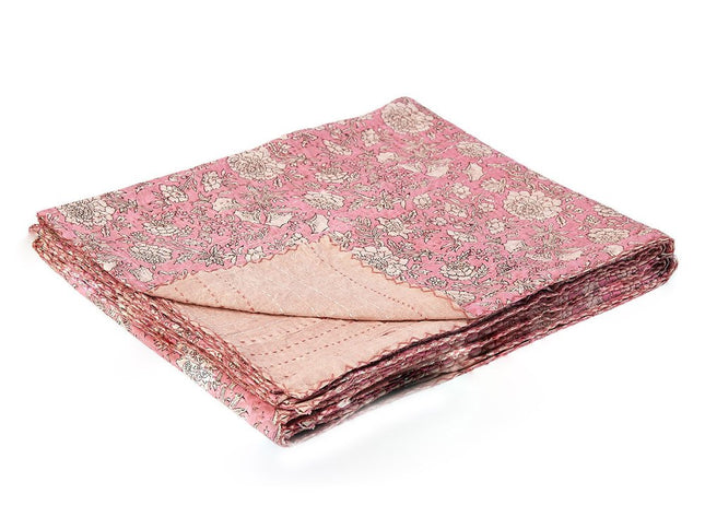 50" X 70" Pink And Blush Floral Cotton Quilted Kantha Throw Blanket with Embroidery