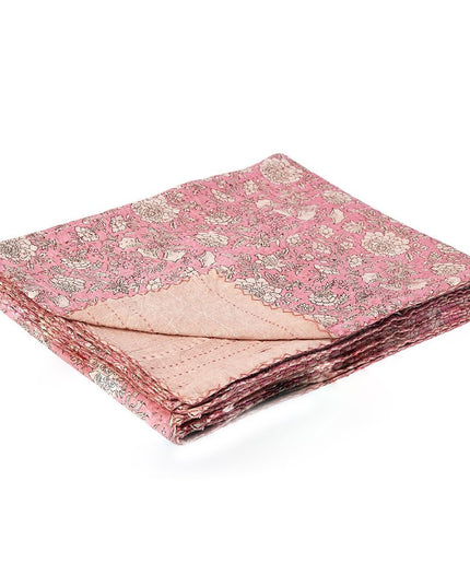 50" X 70" Pink And Blush Floral Cotton Quilted Kantha Throw Blanket with Embroidery