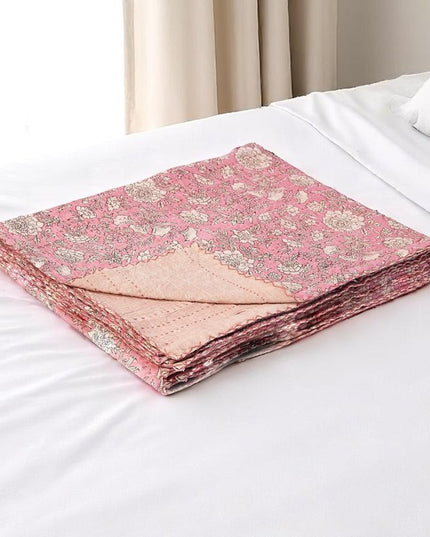 50" X 70" Pink And Blush Floral Cotton Quilted Kantha Throw Blanket with Embroidery