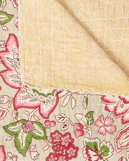 50" X 70" Pink And Blush Floral Cotton Quilted Kantha Throw Blanket with Embroidery