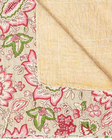 50" X 70" Pink And Blush Floral Cotton Quilted Kantha Throw Blanket with Embroidery