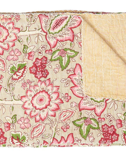 50" X 70" Pink And Blush Floral Cotton Quilted Kantha Throw Blanket with Embroidery