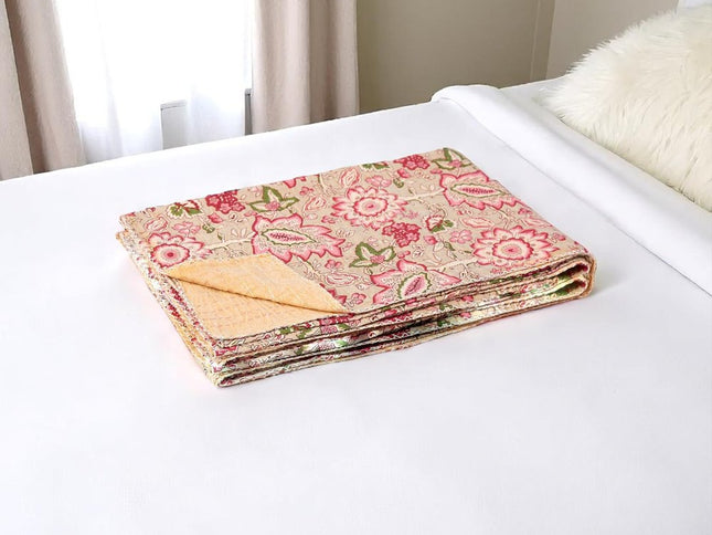 50" X 70" Pink And Blush Floral Cotton Quilted Kantha Throw Blanket with Embroidery