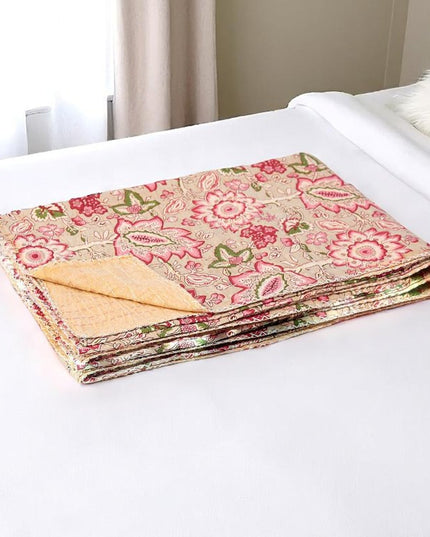 50" X 70" Pink And Blush Floral Cotton Quilted Kantha Throw Blanket with Embroidery