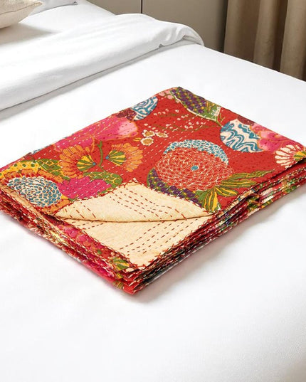 50" X 70" Blue Green And Red Floral Cotton Quilted Kantha Throw Blanket with Embroidery
