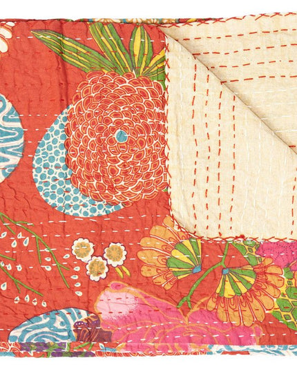 50" X 70" Blue Green And Red Floral Cotton Quilted Kantha Throw Blanket with Embroidery