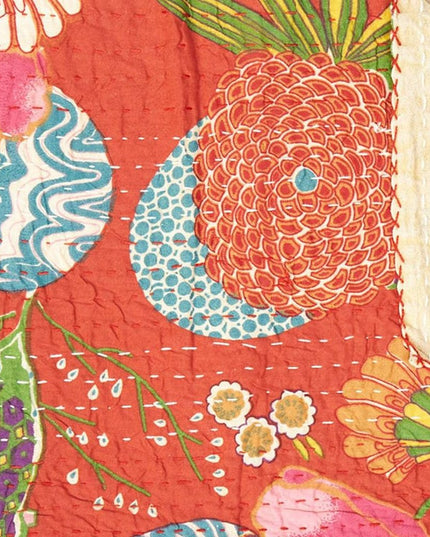 50" X 70" Blue Green And Red Floral Cotton Quilted Kantha Throw Blanket with Embroidery