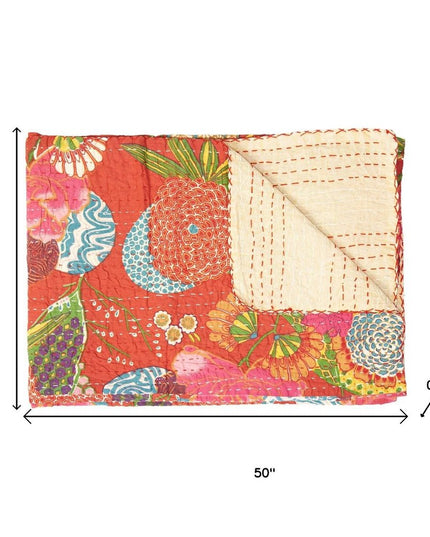 50" X 70" Blue Green And Red Floral Cotton Quilted Kantha Throw Blanket with Embroidery