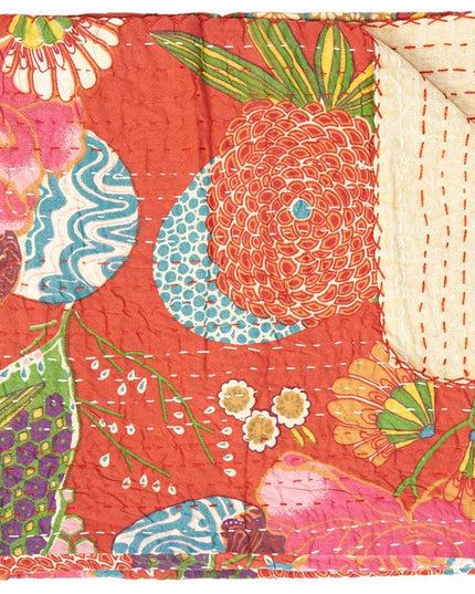 50" X 70" Blue Green And Red Floral Cotton Quilted Kantha Throw Blanket with Embroidery