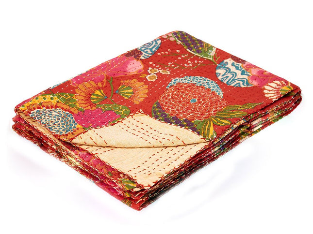 50" X 70" Blue Green And Red Floral Cotton Quilted Kantha Throw Blanket with Embroidery