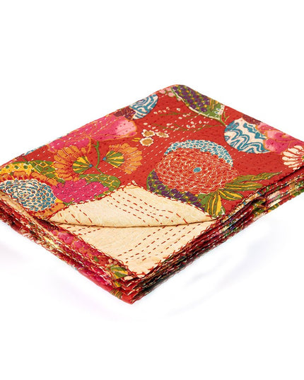 50" X 70" Blue Green And Red Floral Cotton Quilted Kantha Throw Blanket with Embroidery