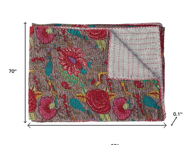 50" X 70" Brown And Red Floral Cotton Quilted Kantha Throw Blanket with Embroidery