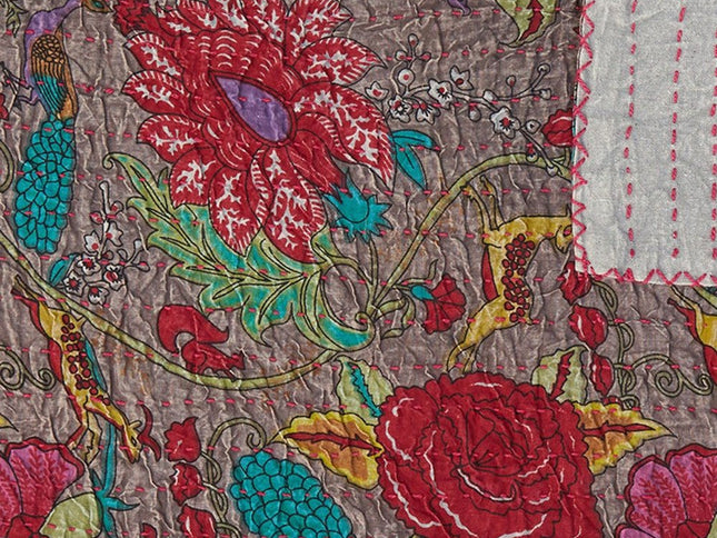 50" X 70" Brown And Red Floral Cotton Quilted Kantha Throw Blanket with Embroidery