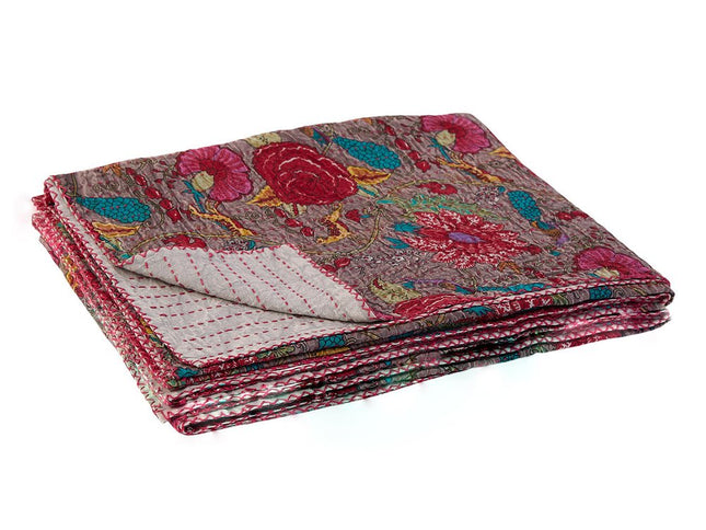 50" X 70" Brown And Red Floral Cotton Quilted Kantha Throw Blanket with Embroidery