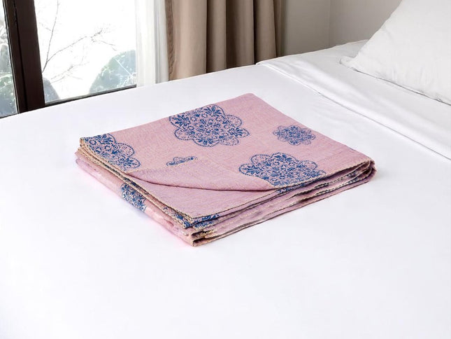 50" X 70" Blue And Pink Floral Cotton Quilted Kantha Throw Blanket with Embroidery