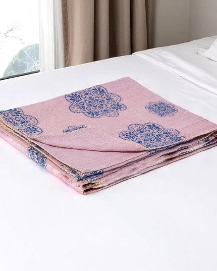 50" X 70" Blue And Pink Floral Cotton Quilted Kantha Throw Blanket with Embroidery