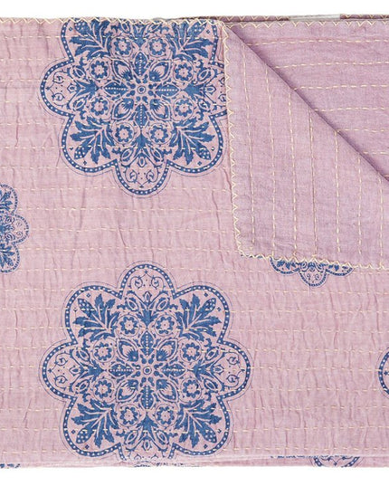 50" X 70" Blue And Pink Floral Cotton Quilted Kantha Throw Blanket with Embroidery