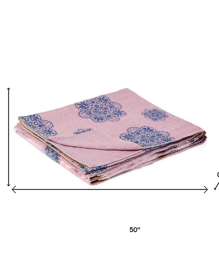 50" X 70" Blue And Pink Floral Cotton Quilted Kantha Throw Blanket with Embroidery