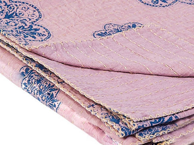 50" X 70" Blue And Pink Floral Cotton Quilted Kantha Throw Blanket with Embroidery