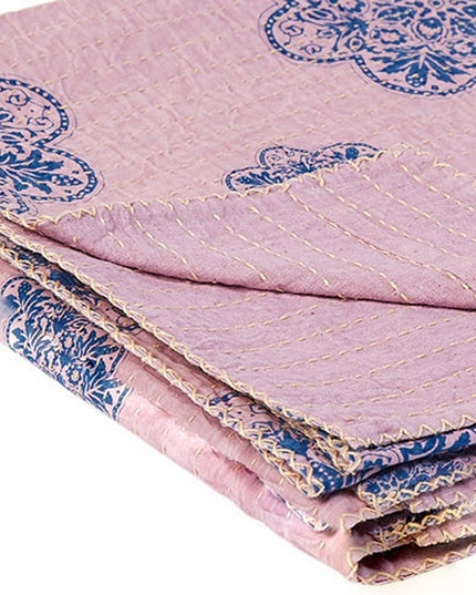 50" X 70" Blue And Pink Floral Cotton Quilted Kantha Throw Blanket with Embroidery