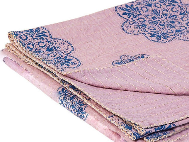 50" X 70" Blue And Pink Floral Cotton Quilted Kantha Throw Blanket with Embroidery