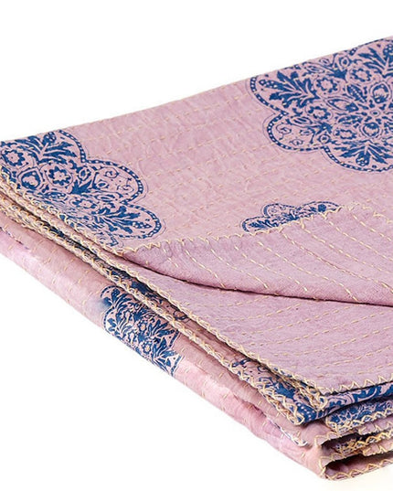 50" X 70" Blue And Pink Floral Cotton Quilted Kantha Throw Blanket with Embroidery