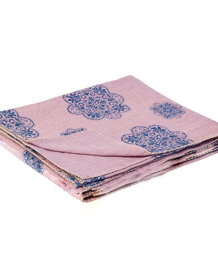 50" X 70" Blue And Pink Floral Cotton Quilted Kantha Throw Blanket with Embroidery