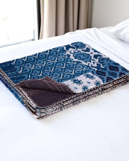 50" X 70" Blue And Pink Floral Cotton Quilted Kantha Throw Blanket with Embroidery