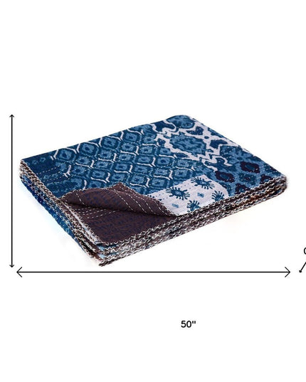 50" X 70" Blue And Pink Floral Cotton Quilted Kantha Throw Blanket with Embroidery